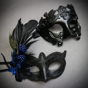 Venetian Black Warrior Half-Face & Black Glitter Blue Feather Eye Couple Mask